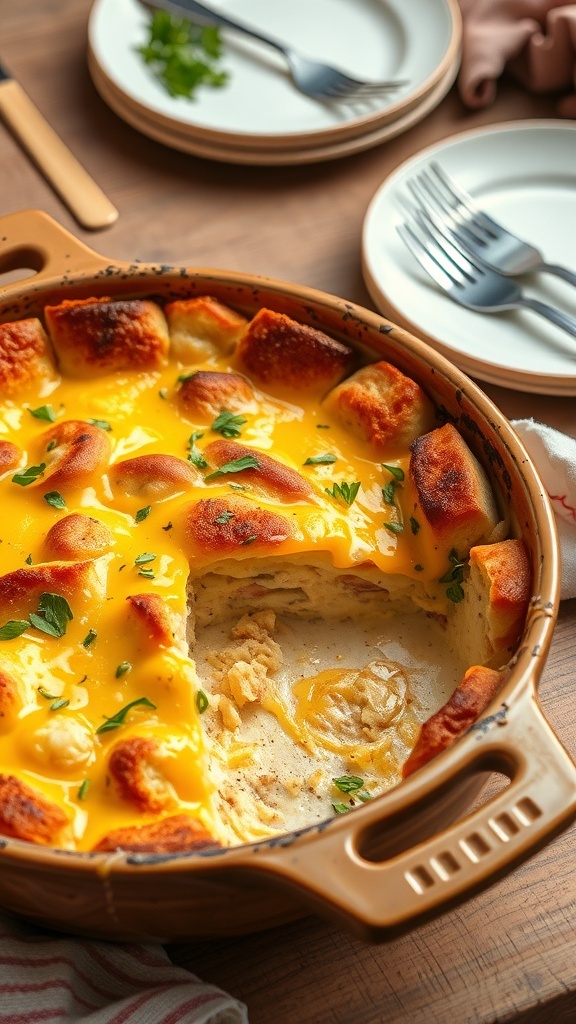 A slice of three cheese breakfast casserole with melted cheese and herbs, served on a rustic table.